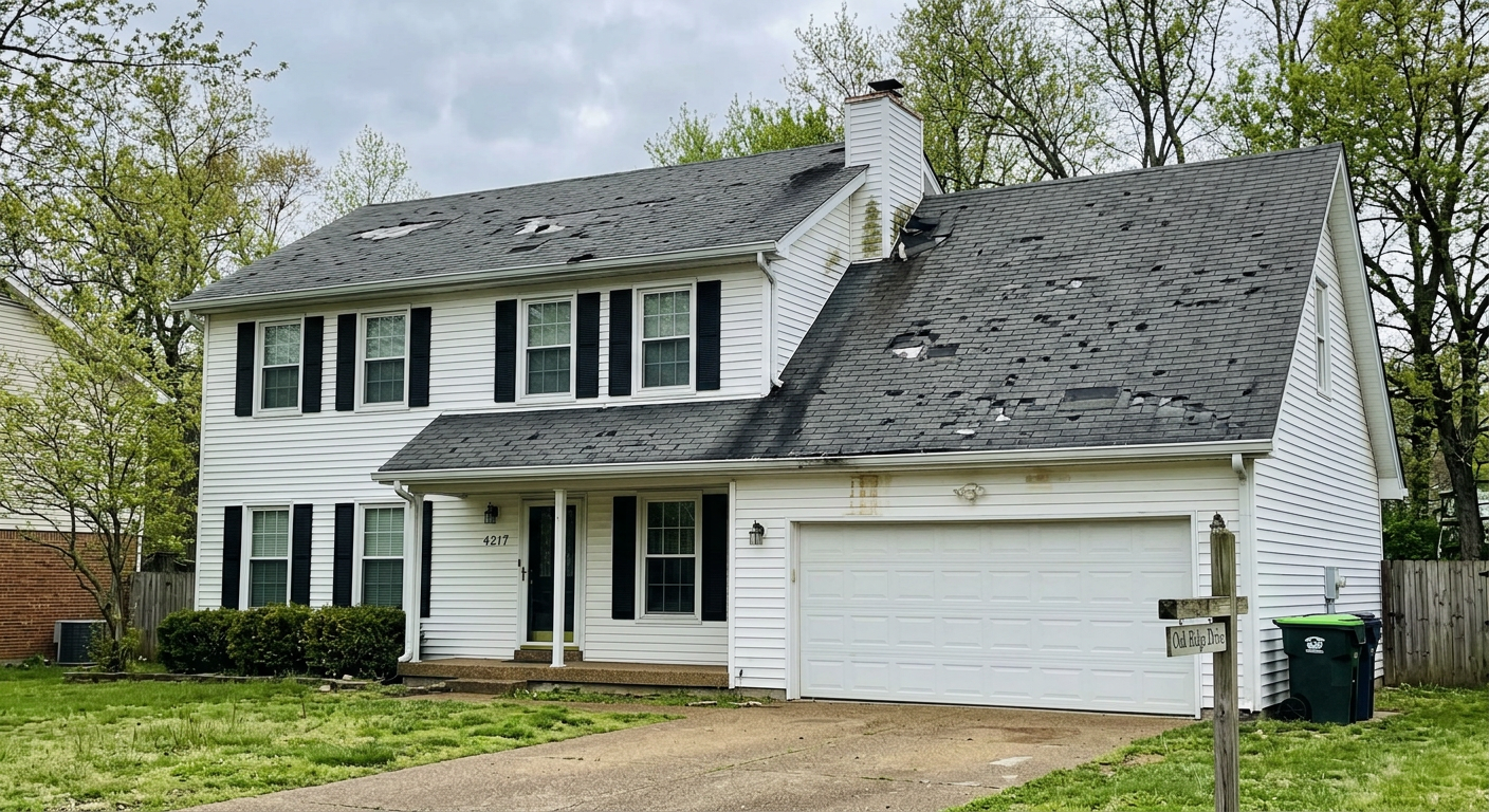 Storm damaged roof before repair