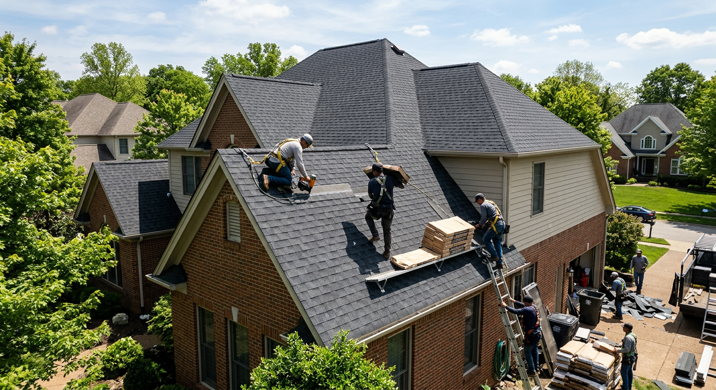 Professional roof replacement crew on Louisville KY home