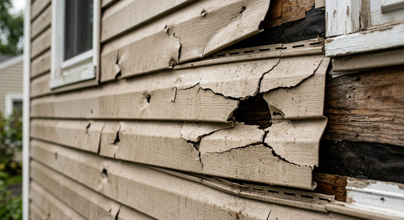 Cracked storm-damaged vinyl siding before repair Louisville KY