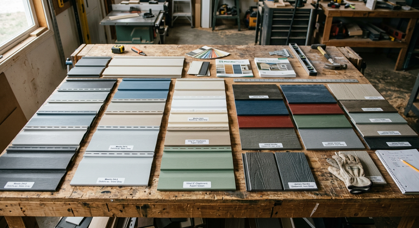 Vinyl and fiber cement siding material samples for Louisville KY installation